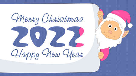 gnome peeks out from behind a poster of Merry Christmas and Happy New Year 2022.のイラスト素材