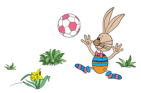 funny hare playing a soccer ball, cartoon, on a white backgroundのイラスト素材