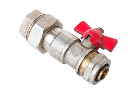 Brass ball valve with red handle for heating systems on a white backgroundの写真素材