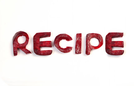 word recipe, cut from beet on white backgroundの写真素材
