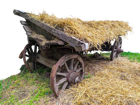 old broken horse cart with straw, on transparent background