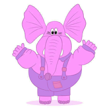 greeting pink baby elephant with arms raised in joy, drawing, vector, cartoon, on a white background.のイラスト素材