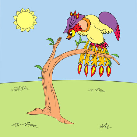 fire bird sits on a branch of a dry tree and looks down, Vector illustration, cartoonのイラスト素材