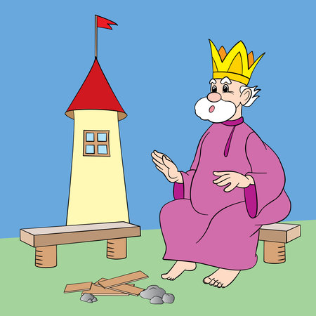 the king sits on a bench near the castle, drawing, vector, cartoonのイラスト素材