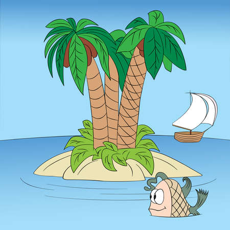 uninhabited island with palm trees in the middle of the ocean, a funny fish swims around, Vector illustration, cartoonのイラスト素材