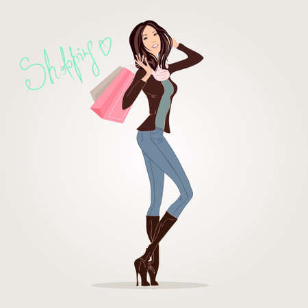 beautiful joyful girl with bags over her shoulder, shopping autumnのイラスト素材