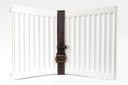 heating radiator strapped with military belt, energy crisis concept, on isolated whiteの写真素材