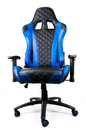 Sport design gaming armchair made of black and blue leather isolated on white backgroundの写真素材