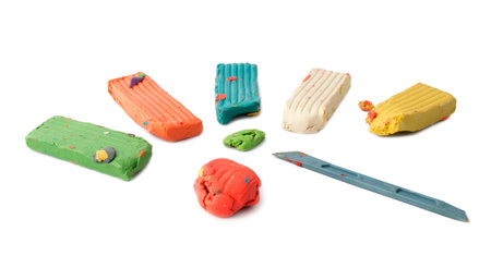 Homemade plasticine, play dough on a white background. Molding clay or slime. homemade clay.の写真素材
