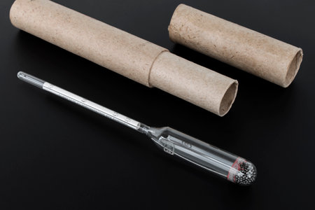 hydrometer, a tool for measuring the density of the battery electrolyte, on a black backgroundの写真素材