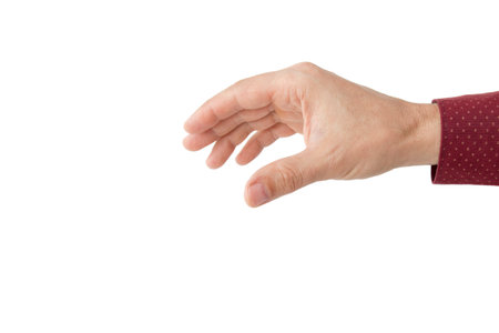 Man hand stretches out to take something, isolated on a white background