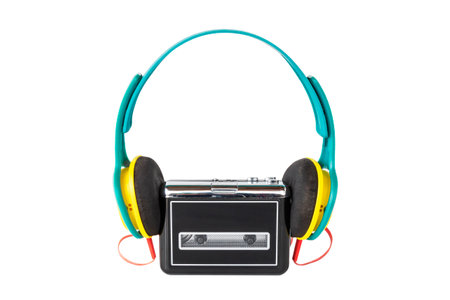 portable cassette from the 90s with headphones, on isolated white backgroundの写真素材