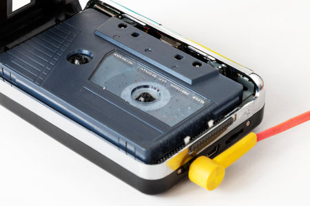 Portable tape player with headphones and cassette tape isolated on white background, gadgets for The...