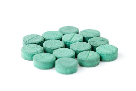 Pills, medicines and supplements, pharmaceutical industry concept, selective focus on isolated white backgroundの写真素材