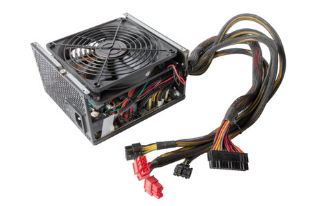 disassembled Computer Power Supply Unit, on a white isolated backgroundの写真素材