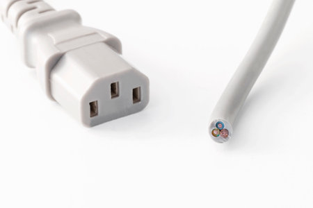 a cut cable with a network plug connector for connecting a computer to an uninterruptible power supply, on a white backgroundの写真素材