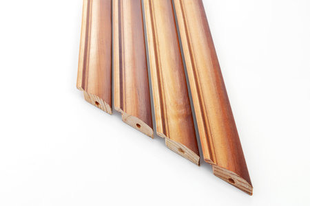 varnished blanks for assembling a wooden frame, on isolated whiteの写真素材