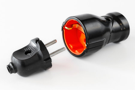 Wireless plug end, male and female power plug. grounded plug. isolated on a white backgroundの写真素材