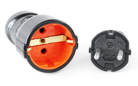 Wireless plug end, male and female power plug. grounded plug. isolated on a white backgroundの写真素材