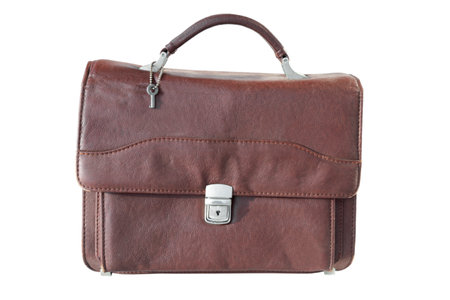 men's vintage leather bag for documents, on an isolated backgroundの写真素材