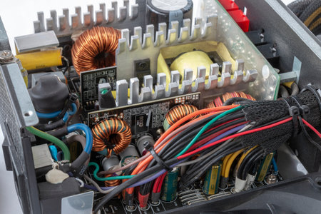 disassembled Computer Power Supply Unit, close upのeditorial素材