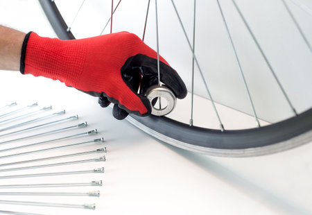 part of a bicycle wheel, adjusting the spokes of the wheel with a tool, close-up, on an isolated...