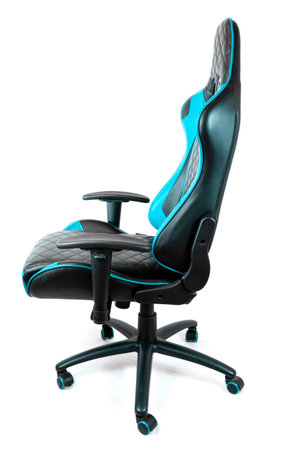 Sport design gaming armchair made of black and blue leather isolated on white backgroundの写真素材