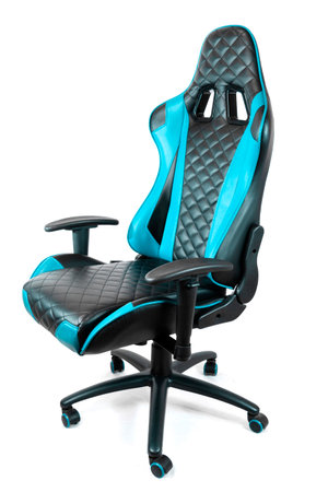 Sport design gaming armchair made of black and blue leather isolated on white backgroundの写真素材