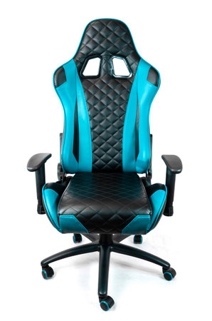 Sport design gaming armchair made of black and blue leather isolated on white backgroundの写真素材