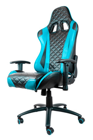 Sport design gaming armchair made of black and blue leather isolated on white backgroundの写真素材