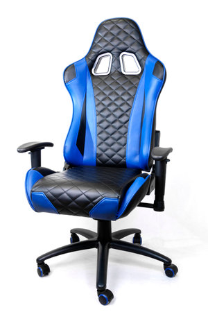 Sport design gaming armchair made of black and blue leather isolated on white backgroundの写真素材
