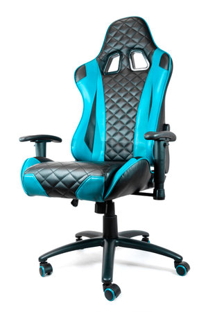 Sport design gaming armchair made of black and blue leather isolated on white backgroundの写真素材