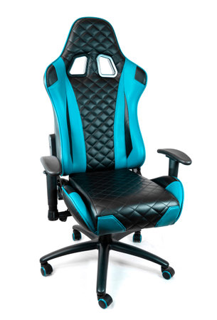 Sport design gaming armchair made of black and blue leather isolated on white backgroundの写真素材