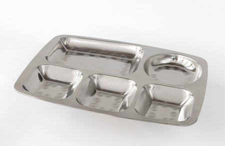 metal hospital tray for food, cut out on a white backgroundの写真素材