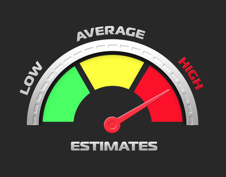 assessment level indicator icon, (low, average, high,) the arrow on the scale indicates a high level. Tachometer, speedometer sign, infographic element on isolated backgroundの写真素材