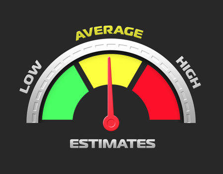 rating level indicator icon (low, medium, high), the arrow on the scale indicates the average level. Tachometer, speedometer sign, infographic element on isolated backgroundの写真素材