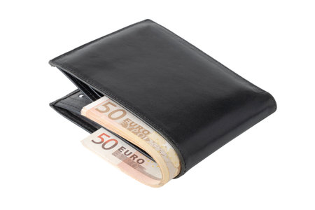 black wallet with money, 50 euro bills, close-up, cutoutの写真素材