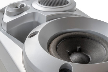 Multimedia speaker system with various speakers close-up on a white backgroundの写真素材