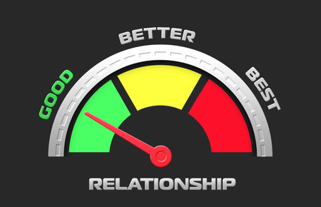 relationship level indicator icon (GOOD, BETTER, BEST,) a scale with an arrow from green to red. Tachometer, speedometer sign, infographic element on isolated background,の写真素材
