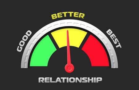 relationship level indicator icon (GOOD, BETTER, BEST,) a scale with an arrow from green to red. Tachometer, speedometer sign, infographic element on isolated background,の写真素材