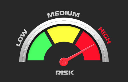 risk level indicator, (LOW, MEDIUM, HIGH,) icon, scale with an arrow from green to red. Tachometer, speedometer sign, infographic element on isolated backgroundの写真素材