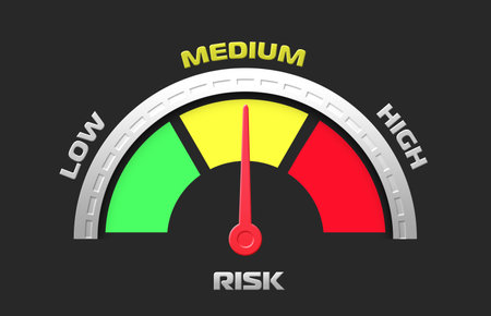 risk level indicator, (LOW, MEDIUM, HIGH,) icon, scale with an arrow from green to red. Tachometer, speedometer sign, infographic element on isolated backgroundの写真素材