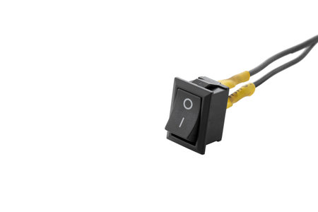 12v - 24v switch button connected to wires, cut out on isolated whiteの写真素材