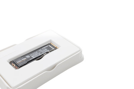 Dnipro, Ukraine - June 26, 2023: Samsung 980 SSD Hard disk drive PCIe/NVMe M.2, cut out on isolated background.のeditorial素材