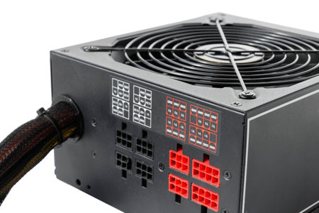 Computer power supply, close-up on an isolated backgroundの写真素材