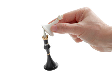 The hand holding the chess piece, the pawn beats the king, Checkmate, Business concept strategy, leadership, victory of white over black, cut outの写真素材