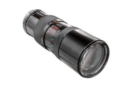 macro lens of an old 85-300 film camera, on isolated white, cut outの写真素材