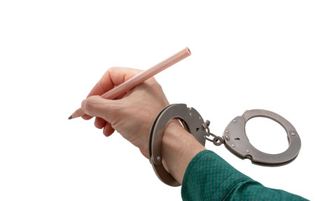 Hand in handcuffs fill out protocol, confession. Arrest, bail, criminal case, pencil drawing, freedom concept, cut outの写真素材