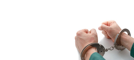 handcuffed hands on isolated white, closeup with copy space