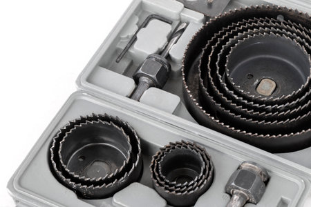 A set of Hole saws in different sizes for cutting holes in wood and drywallの写真素材